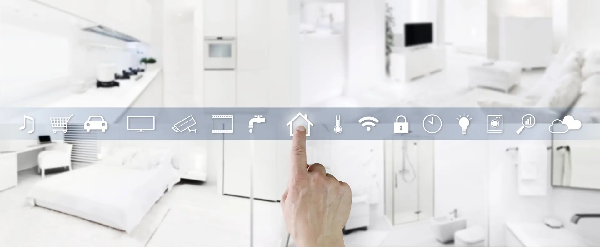 White room with a strip of smart home symbols including: music, cart, car, television, security camera, faucet, home, thermometer, wifi, lock, clock, lightbulb, clouds, etc