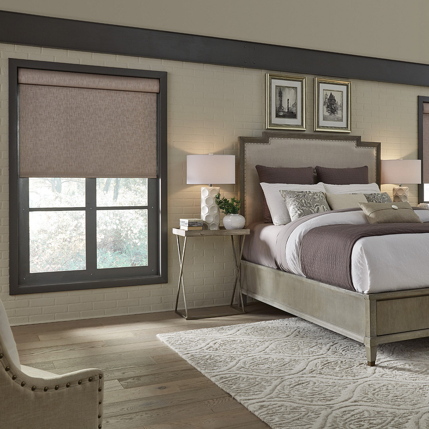 Smart Home with Electric Shades in Bedroom for a connected smart home, human centric lighting - open