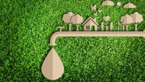 Grass background with a cardboard cutout of a home, trees, clouds, butterflies, and faucet to represent a green smart home