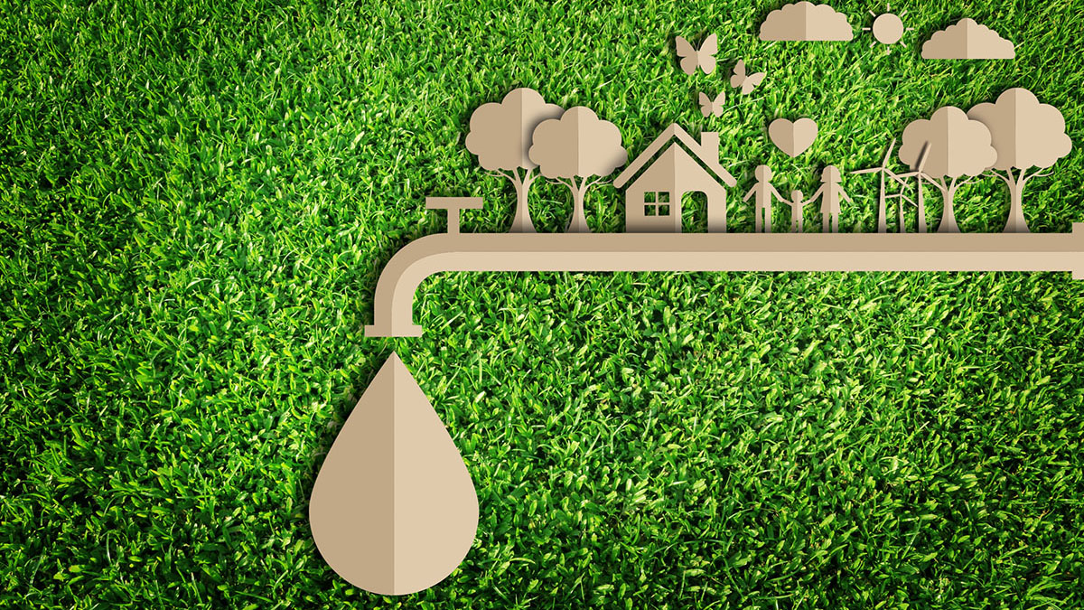 Grass background with a cardboard cutout of a home, trees, clouds, butterflies, and faucet to represent a green smart home