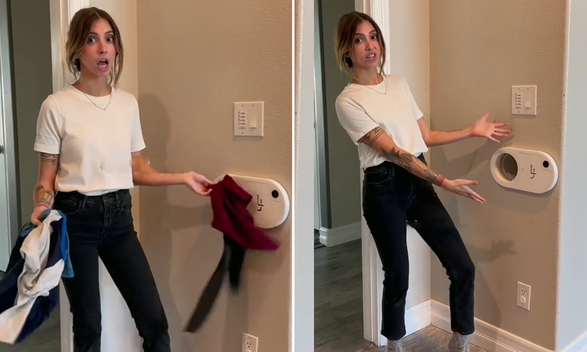 Woman putting clothes into Laundry Jet Vacuum Powered Chute