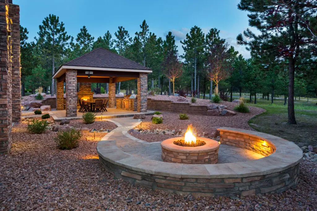 Outdoor space with fire fit and security system